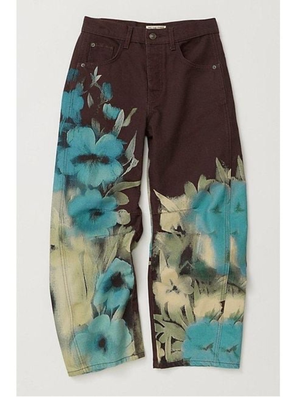 Free People Wide-Leg Painterly Floral Pants in Teal & Brown - Picture 6 of 8